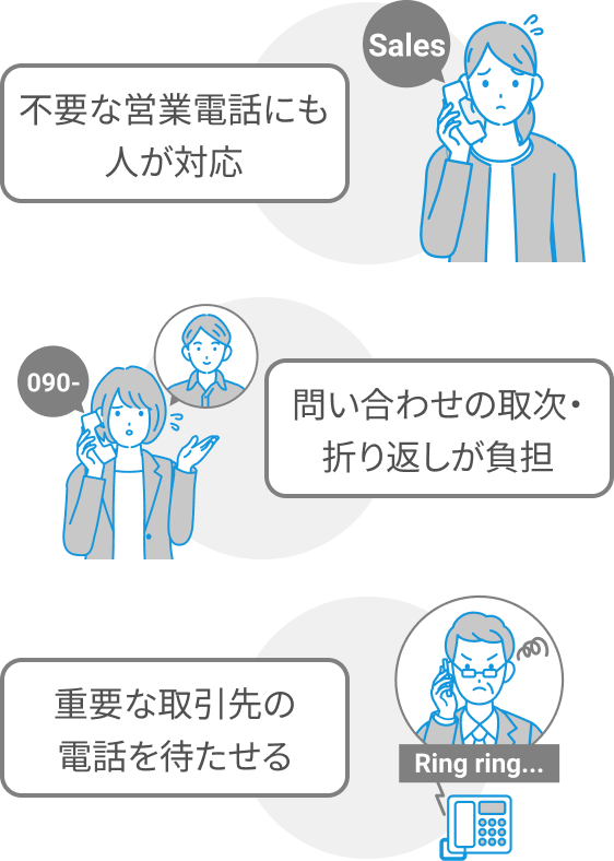 不要な営業電話にも人が対応／問合せの取次・折り返しが負担／重要な取引先の電話を待たせる