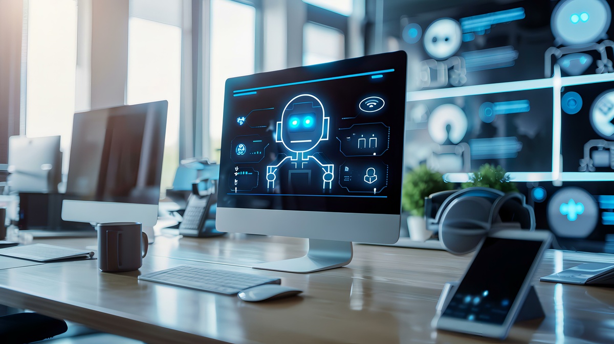 現代オフィスの設定でコンピュータースクリーンに表示されたAIチャットボットインターフェース。人工知能とデータ処理の革新技術のデモンストレーション。