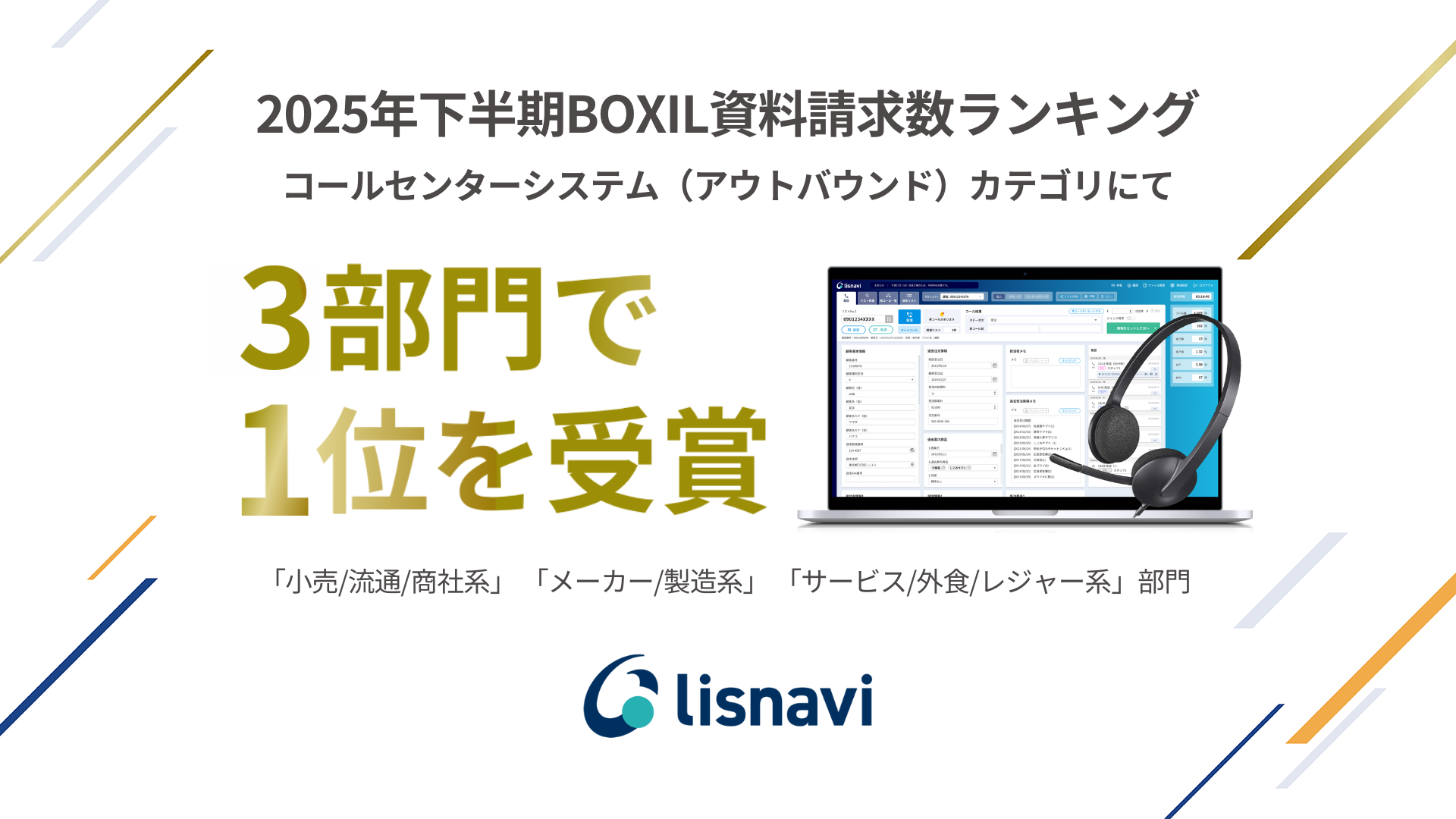 「2025年下半期 BOXIL資料請求数ランキング」のコールセンターシステム（アウトバウンド）カテゴリ3部門において1位を受賞