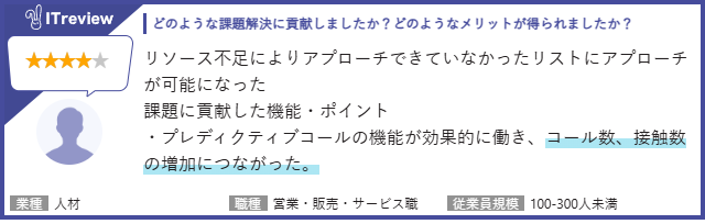 【どのような課題解決に貢献しましたか？どのようなメリットが得られましたか？】リソース不足によりアプローチできていなかったリストにアプローチが可能になった_課題に貢献した機能・ポイント_・プレディクティブコールの機能が効果的に働き、コール数、接触数の増加につながった。