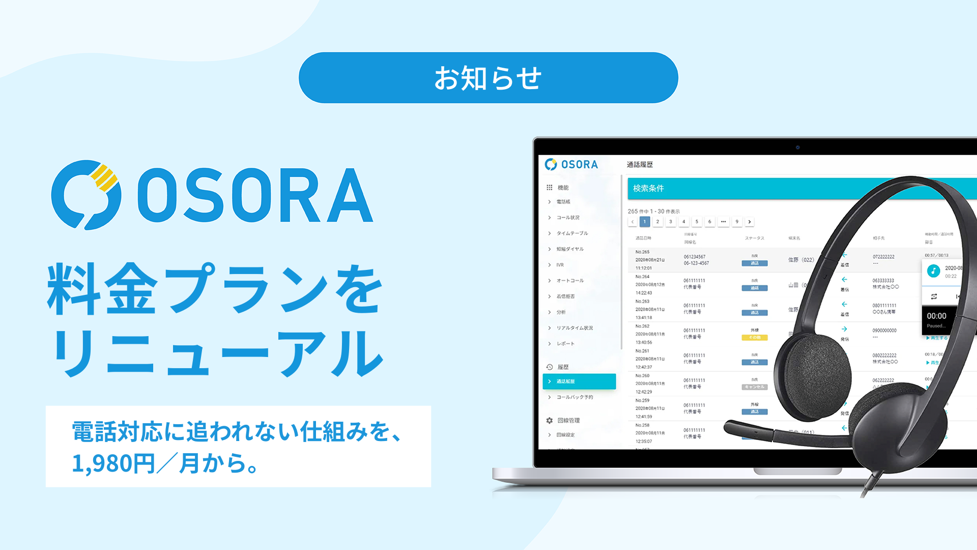 クラウドIVR『OSORA』、料金プランをリニューアル