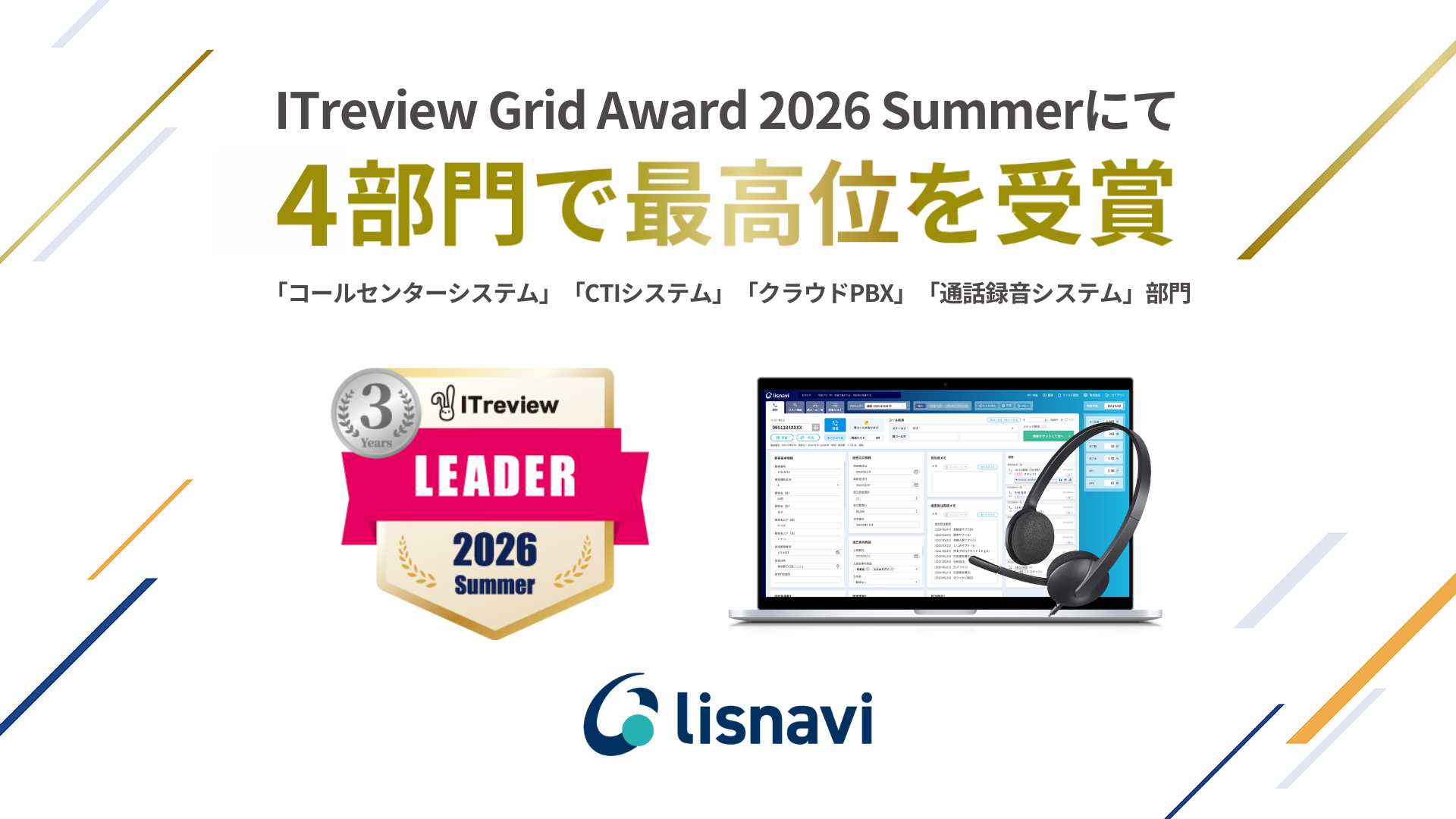 アウトバウンドコールシステム『lisnavi』が「ITreview Grid Award 2026 Summer」において、4部門で最高位の「Leader」を受賞
