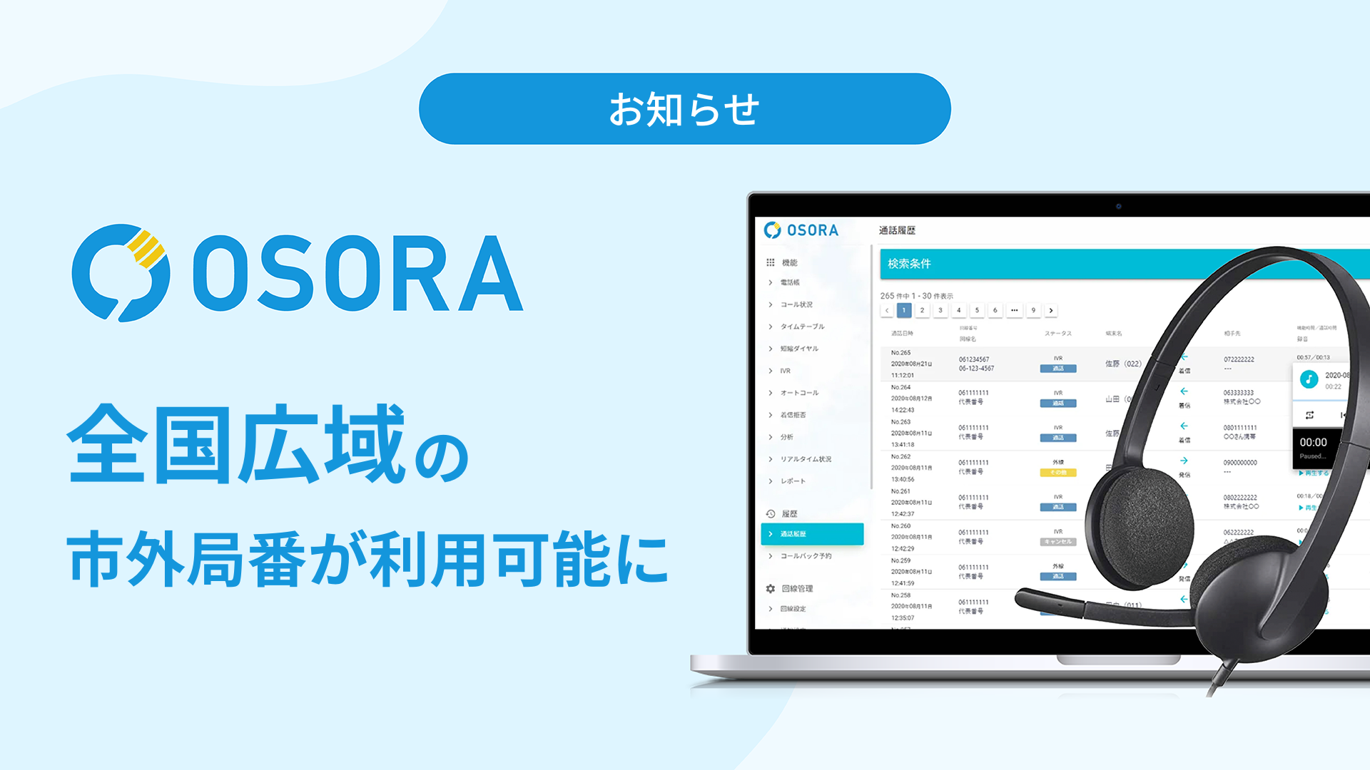 クラウドIVR『OSORA』、全国広域の市外局番利用が可能に